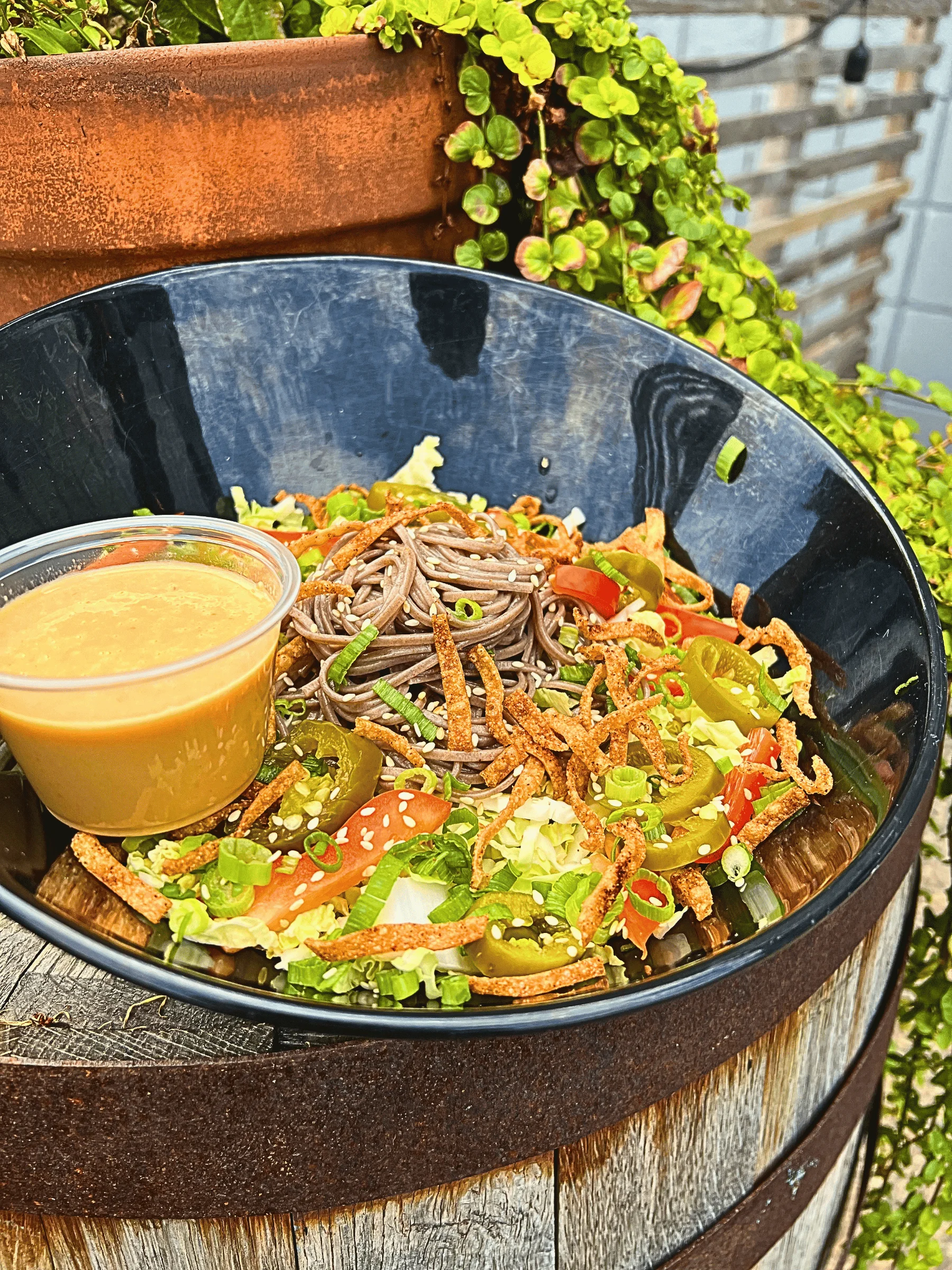 A bowl of soba salad with cabbage, soba noodles, toppings and a side of ginger Tahini dressing.
