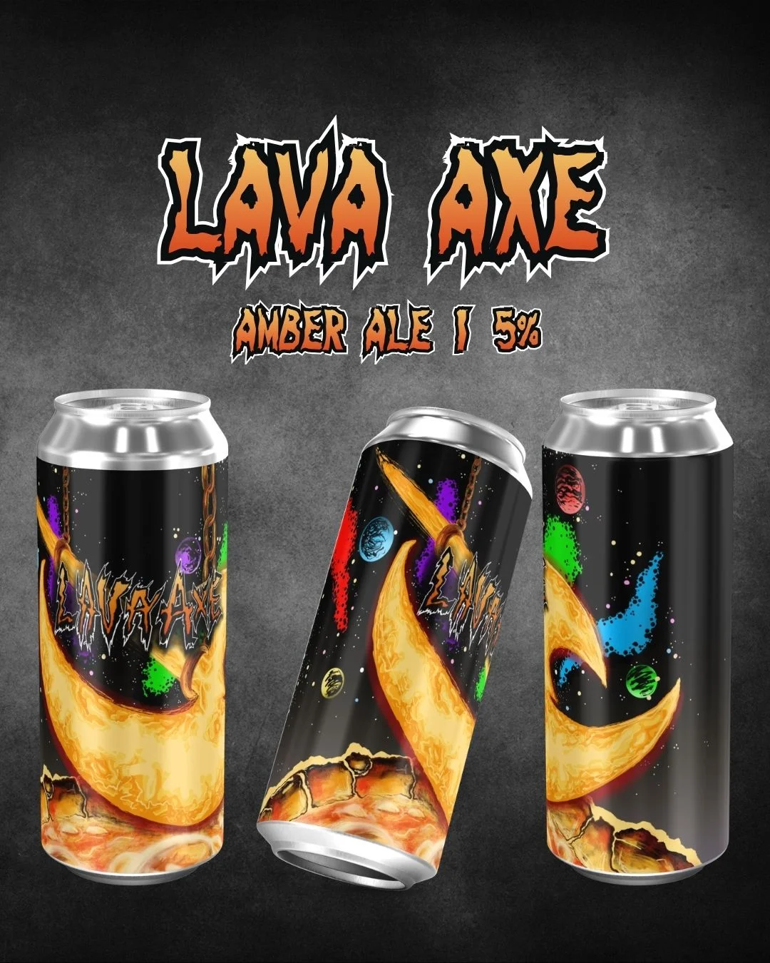 A graphic of mock Lava Axe cans with text overlay “Lava Axe Amber Ale | 5%”