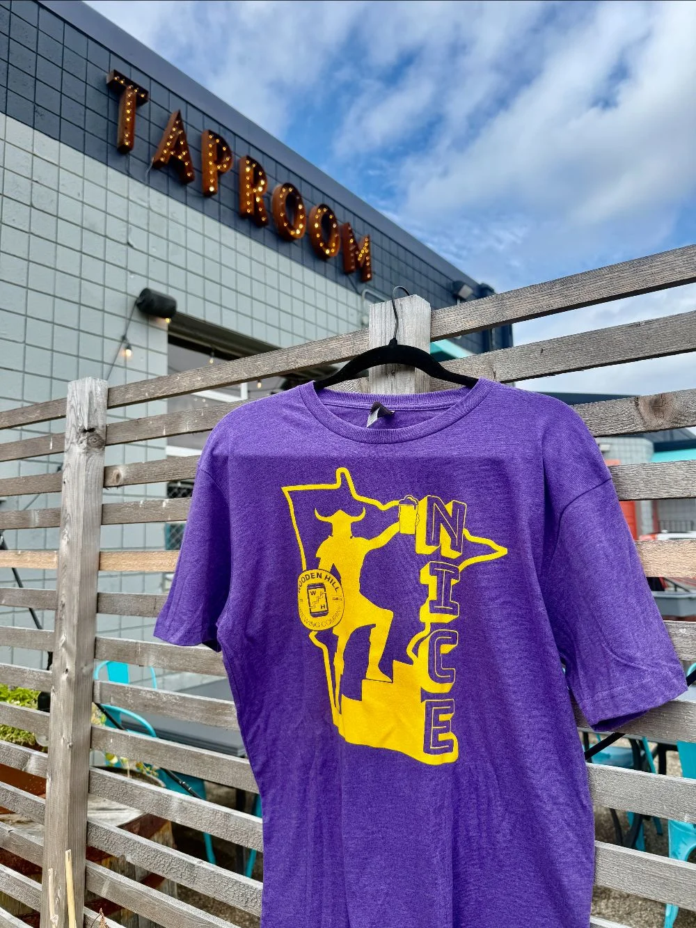 A shirt hanging on a fench, the first is purple with a minnesota state outline and the word Nice
