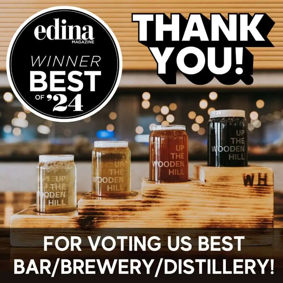 image of a flight paddle with four beers with overlayed text that says "Thank you! For voting us best bar/brewery/distillery!" with a black and white Edina Magazine Best of '24 badge in the lefthand corner.