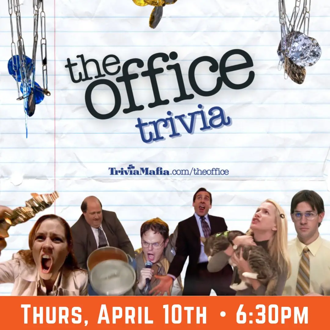 Graphic promoting The Office themed trivia - hosted on Thursday, April 10th at 6:30pm