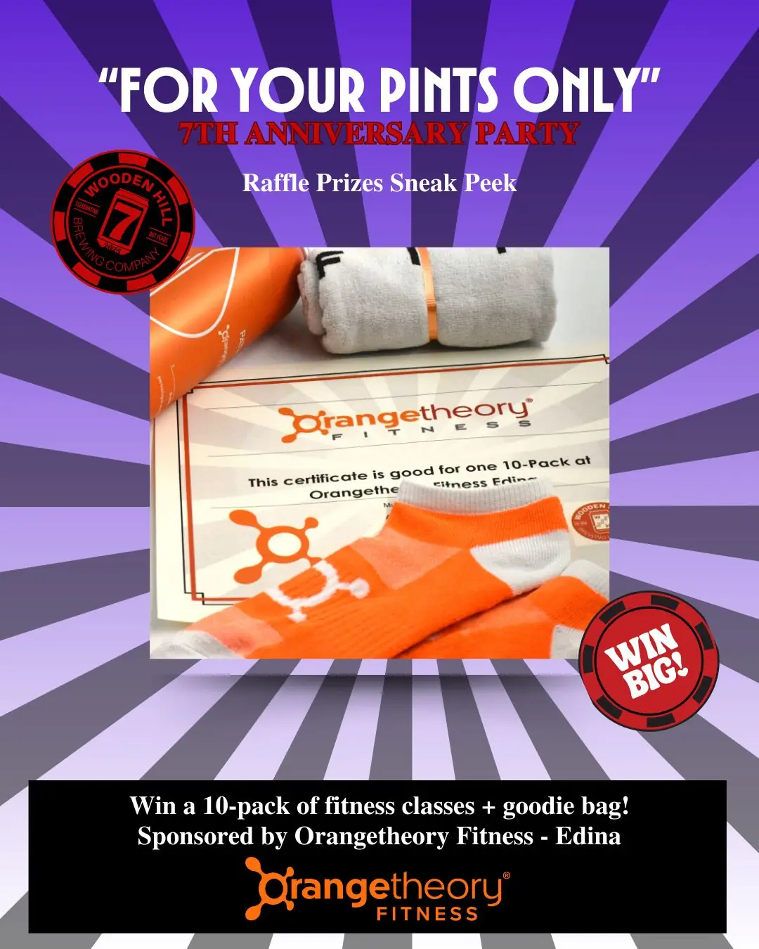 for your pints only 7th anniversary party raffle prize sneak peek. includes a photo of the orangetheory goodies. win a 10-pack of fitness classes + goodie bag! sponsored by orangetheory fitness in edina.