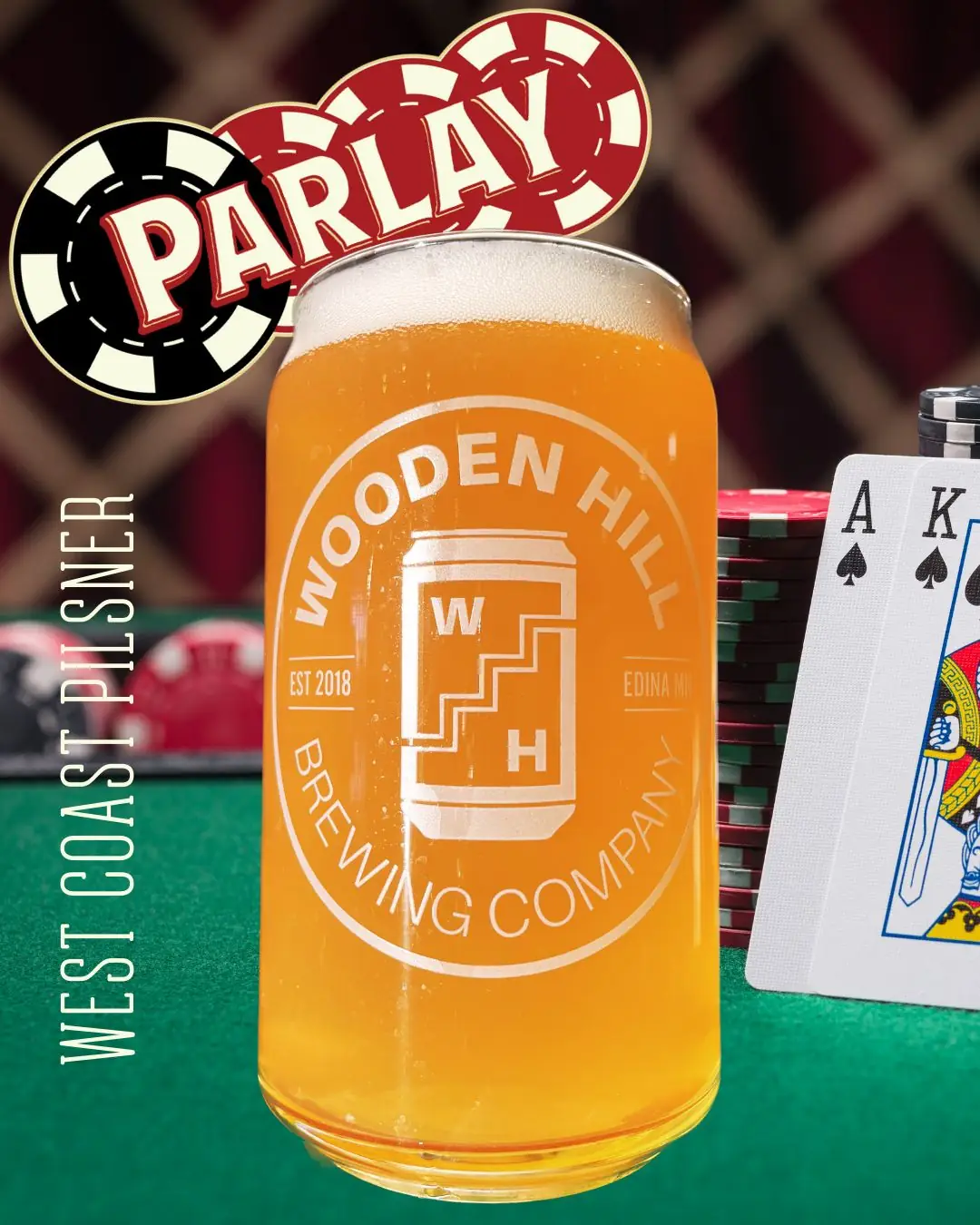 graphic of parlay west coast pilsner with pint of light beer and background of poker game