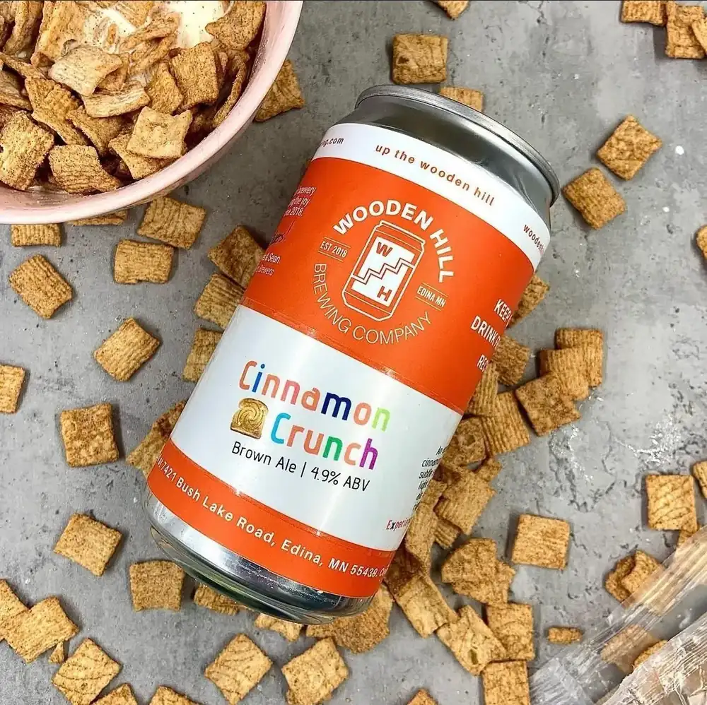 photo of cinnamon crunch brown ale crowler with cereal everywhere