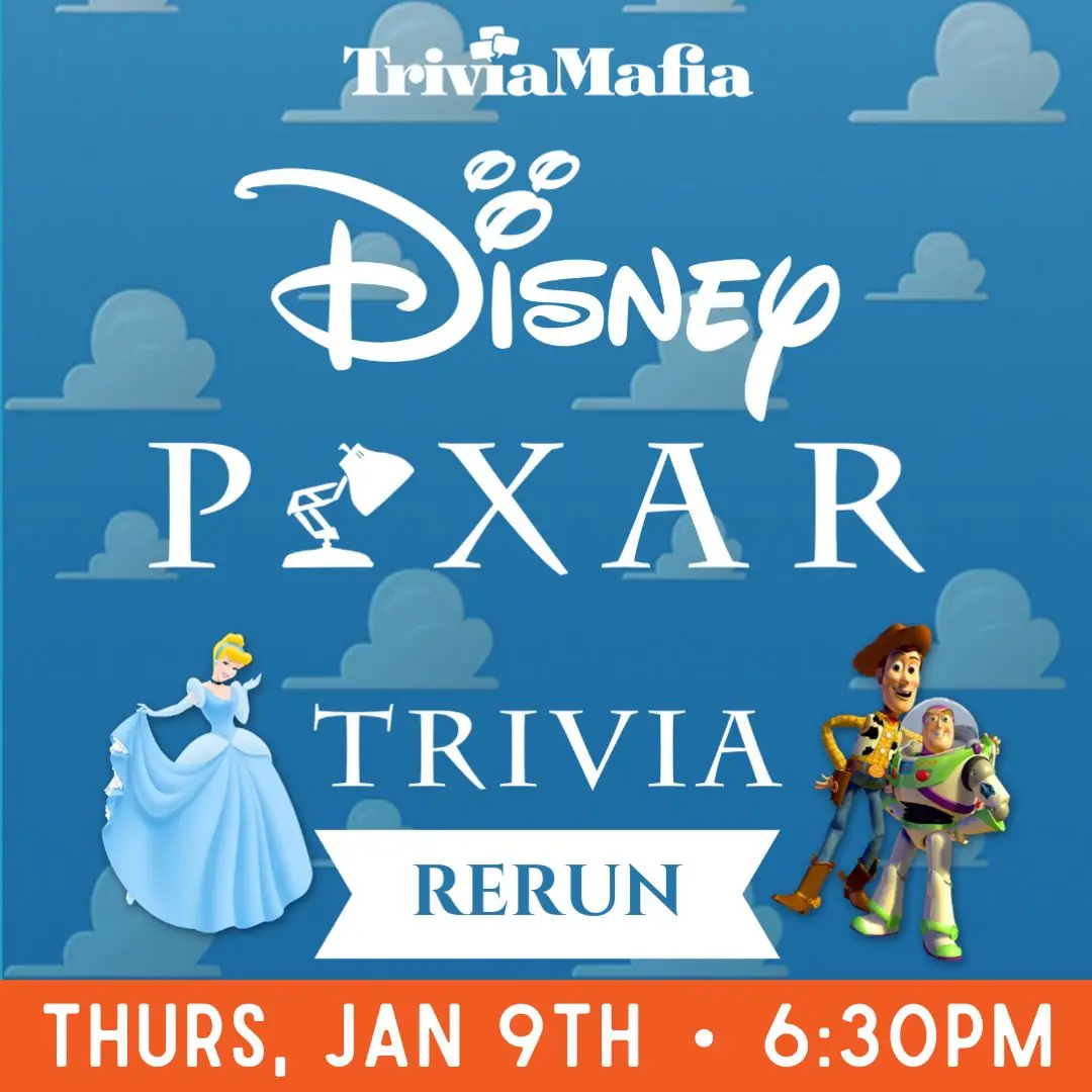 graphic of disney pixar trivia rerun hosted by trivia mafia happening at wooden hill thursday jan 9th 6:30pm