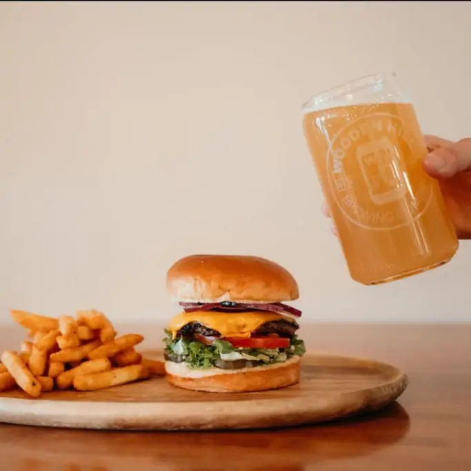 photo of burger, fries, and beer