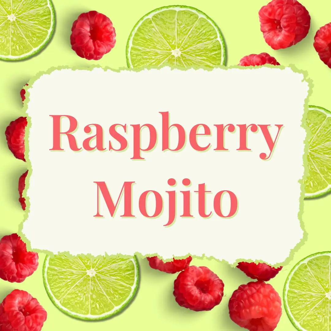 Graphic for Raspberry Mojito. Limes and Raspberries on a lime green background. 