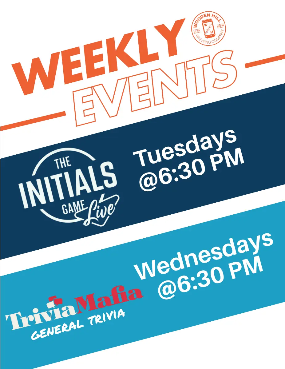 Graphic promoting our weekly events! Initials Game every Tuesday at 6:30pm and General Trivia every Wednesday at 6:30pm. Hosted by Trivia Mafia.