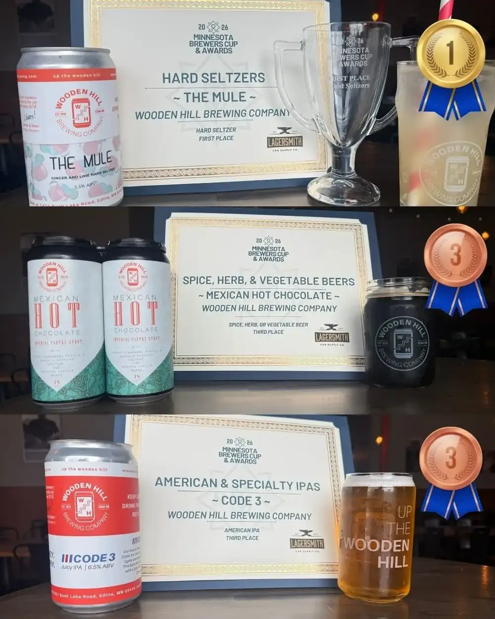 3 pictures of the awards Wooden Hill Brewing took home from the Minnesota Brewer's Cup