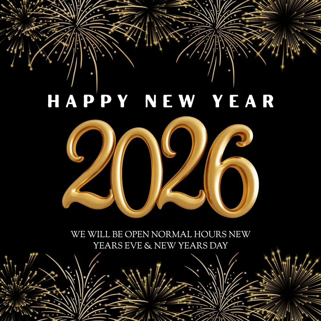 Graphic for New Years with a firework border. It says Happy New Year 2026 in the center and says We will be open normal hours new years eve & new years day.