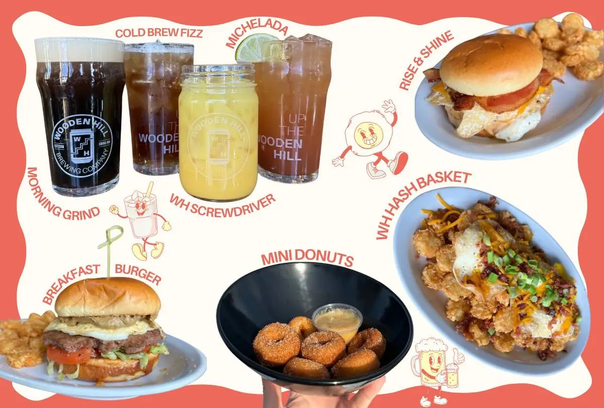 Graphic of new brunch menu items: Morning Grind, Cold Brew Fizz, WH Screwdriver, and Michelada photo cutouts. Breakfast burger, mini donuts, WH Hash Basket, and Rise and Shine Burger cutouts.
