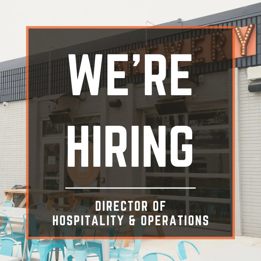 Graphic that says we're hiring - director of hospitality & operations. Background is an image of the patio of Wooden Hill.