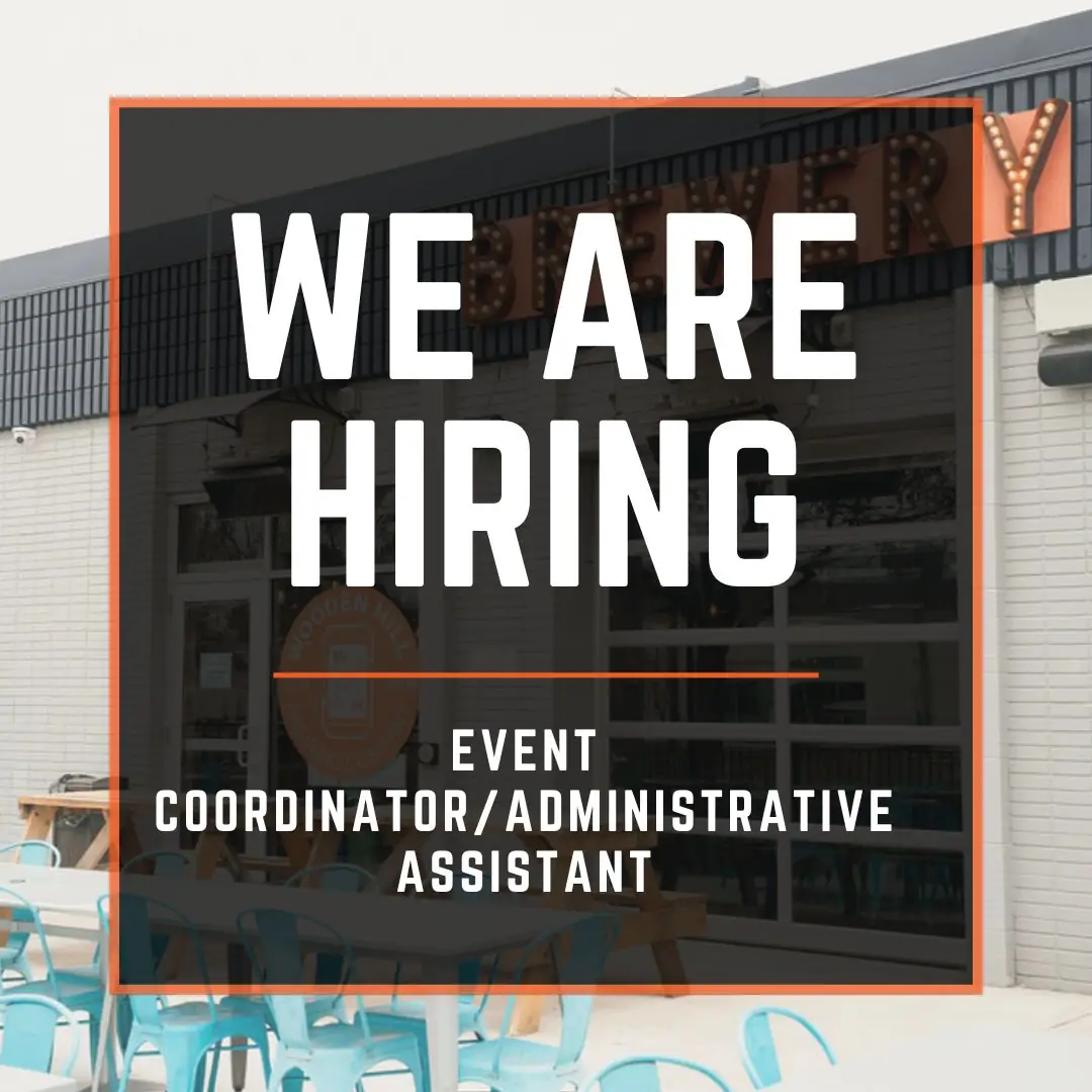 Graphic that says we are hiring event coordinator/administrative assistant. Background picture is of the front of Wooden hill.