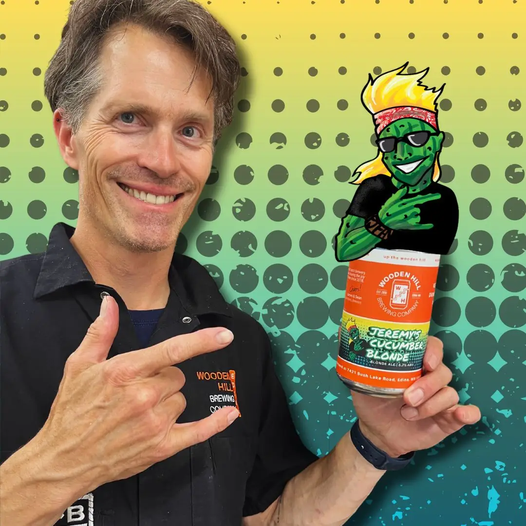 Graphic promoting one of our returning favorites: Jeremy’s Cucumber Blonde! The picture shows Brewer, Jeremy, holding the can of beer with a cartoon cucumber graphic of him. The background is an ombre yellow/green with teal spots.