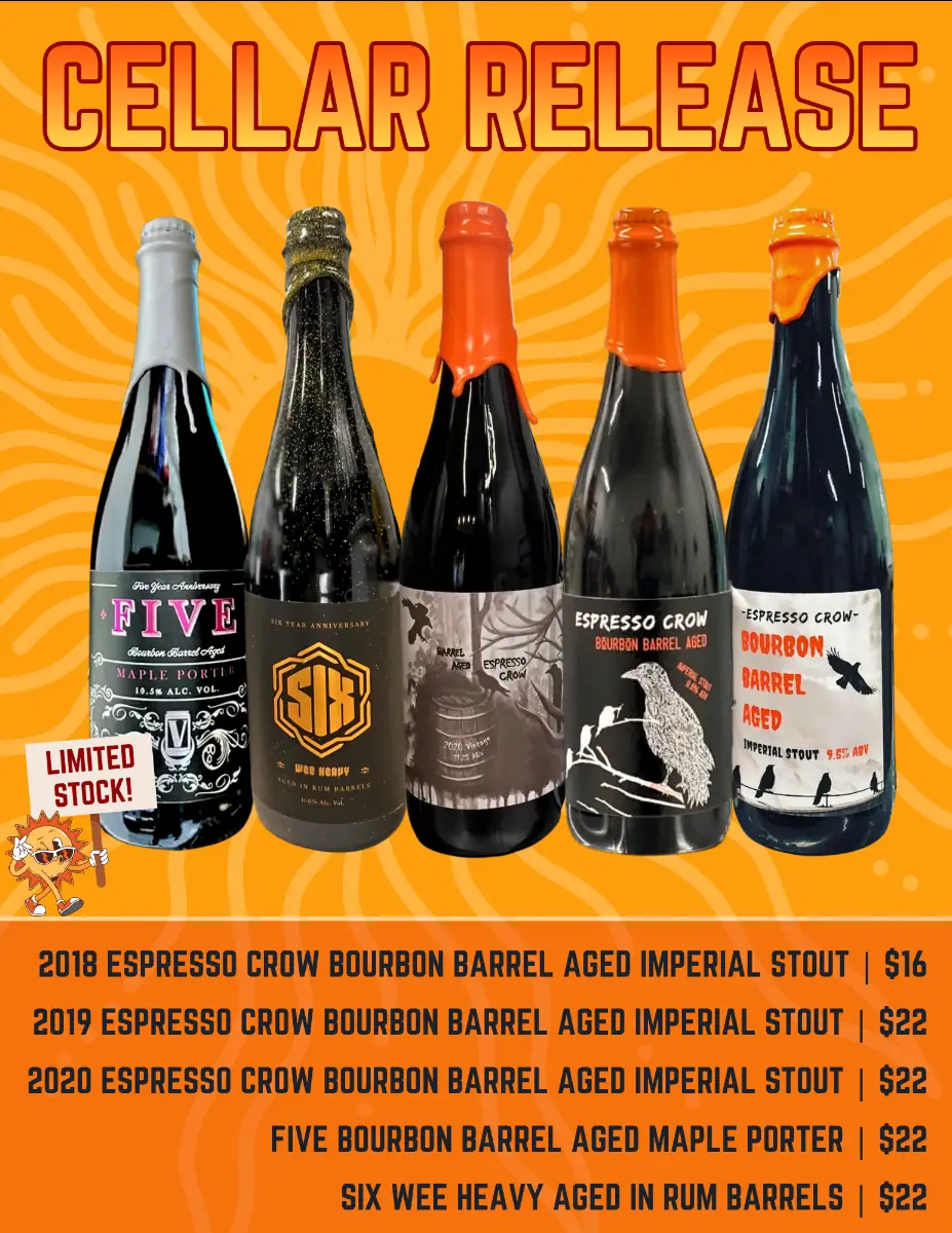 Graphic promoting our cellar releases. 2018 Espresso Crow Bourbon Barrel Aged Imperial Stout | $16 2019 Espresso Crow Bourbon Barrel Aged Imperial Stout | $22 2020 Espresso Crow Bourbon Barrel Aged Imperial Stout | $22 FIVE Bourbon Barrel Aged Maple Porter | $22 SIX Wee Heavy Aged in Rum Barrels | $22. The graphic shows pictures of all five bottles with a cartoon sun holding a sign that says, "Limited Stock!" near the middle-left. The graphic is yellow/orange with a faded sun in the background.