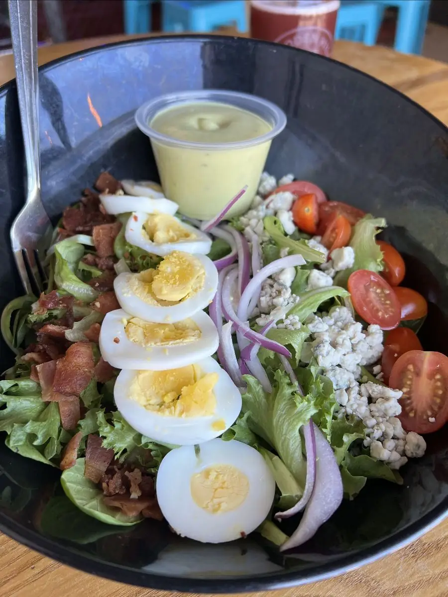 A cob salad in a round black bowl. A bed of lettuve lined with bacon crumble, a sliced hard boiled egg, sliced red onions, blue cheese crumble, and sliced grape tomatoes with a side of avacado ranch