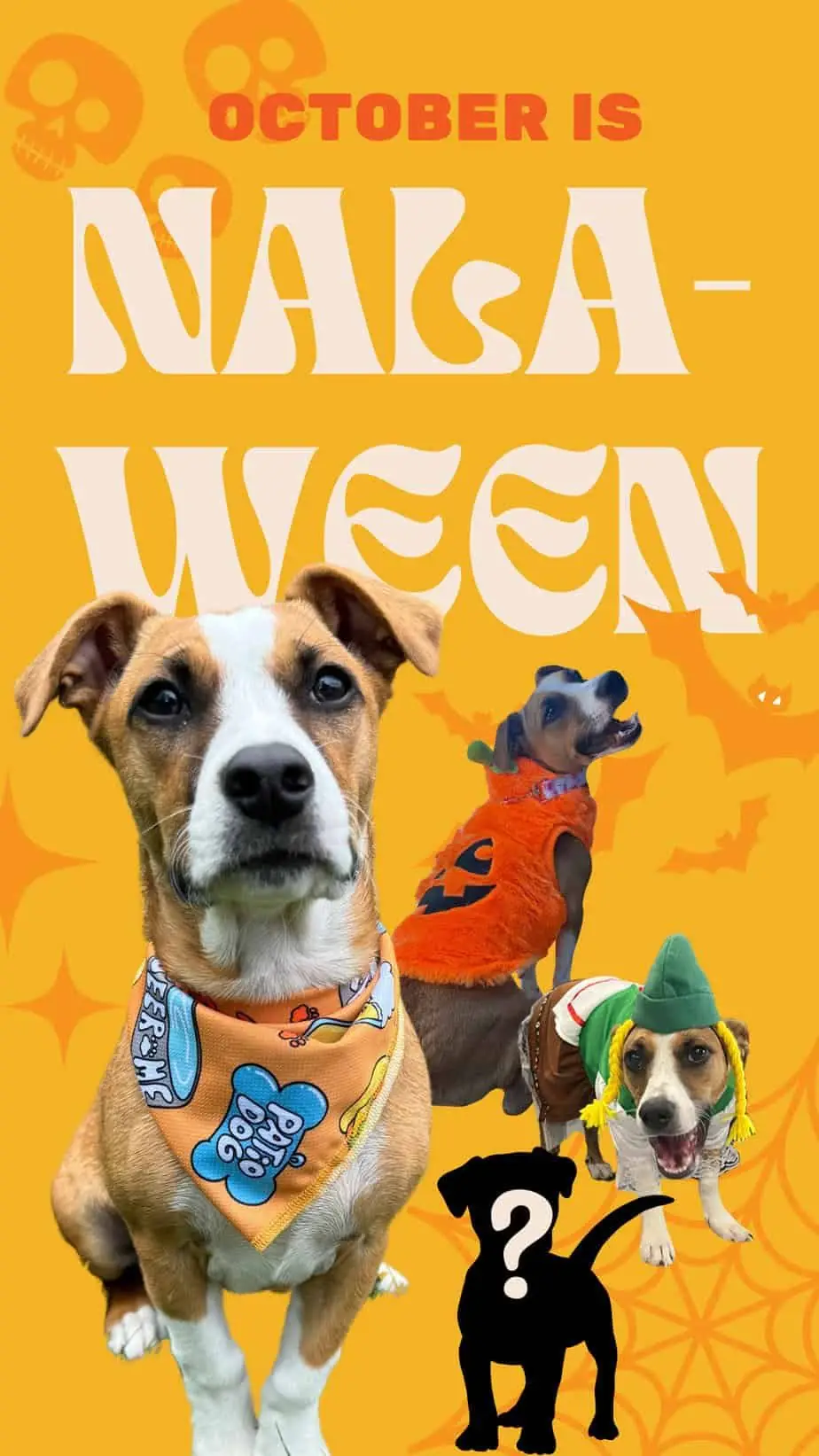 Graphic with photos of a puppy in costumes that reads: "October is NALAWEEN"