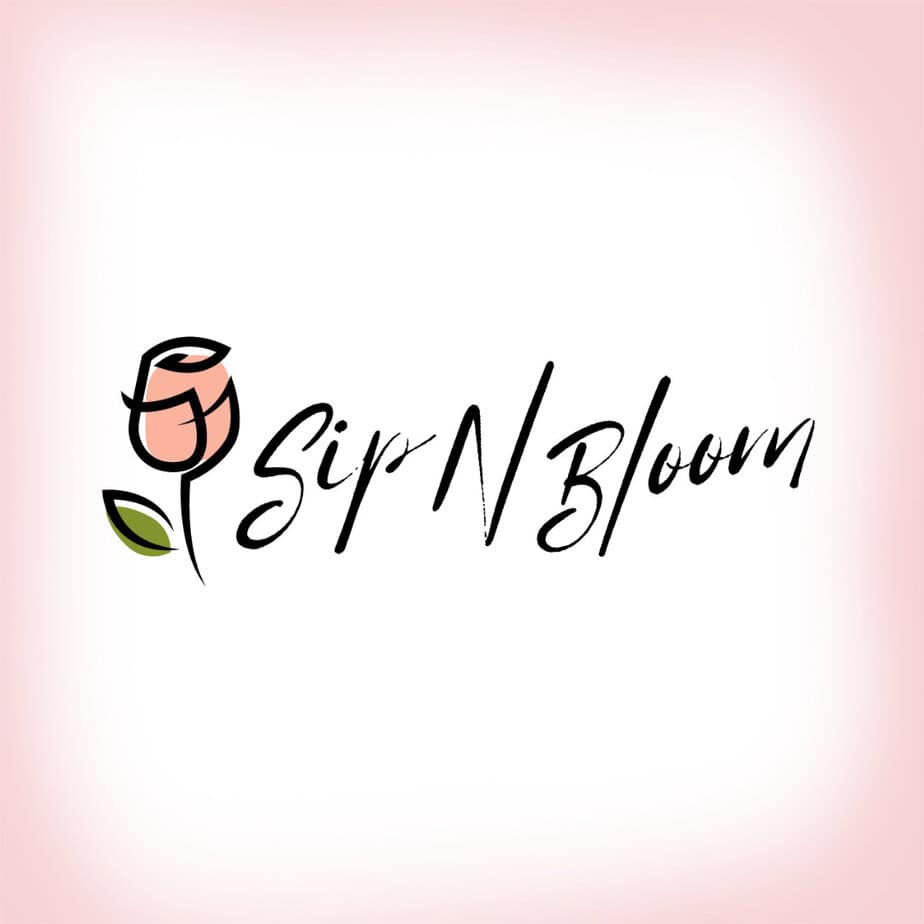 Graphic of a script sip n' bloom logo with a calligraphic rose, on a pink and white gradient background.