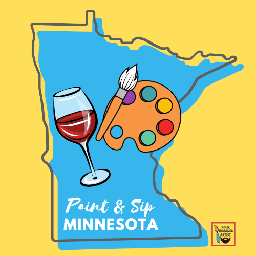 Paint & Sip Minnesota Logo - a glass of wine and a painter's palette in front of the outline of state of minnesota