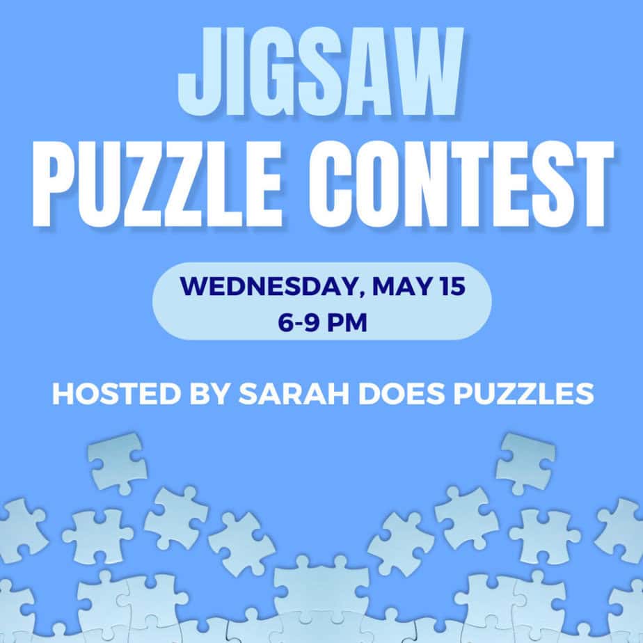 Flyer for Jigsaw Puzzle Contest on Wednesday May 15 at Wooden Hill