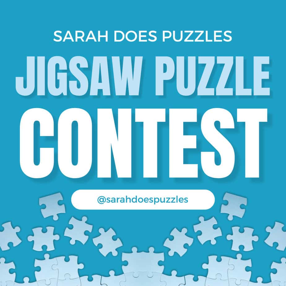 A blue and white flier with puzzle pieces against a blue background. The text reads: "Sarah Does Puzzles Jigsaw Puzzle Contest @sarahdoespuzzles"